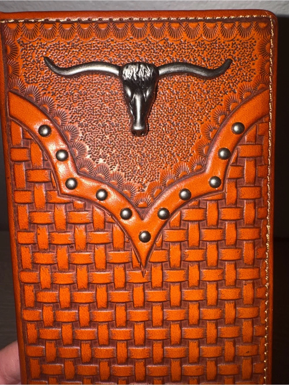 Urbalabs Mens Long Wallet Basketweave Tooled Leather Longhorn Concho Studded